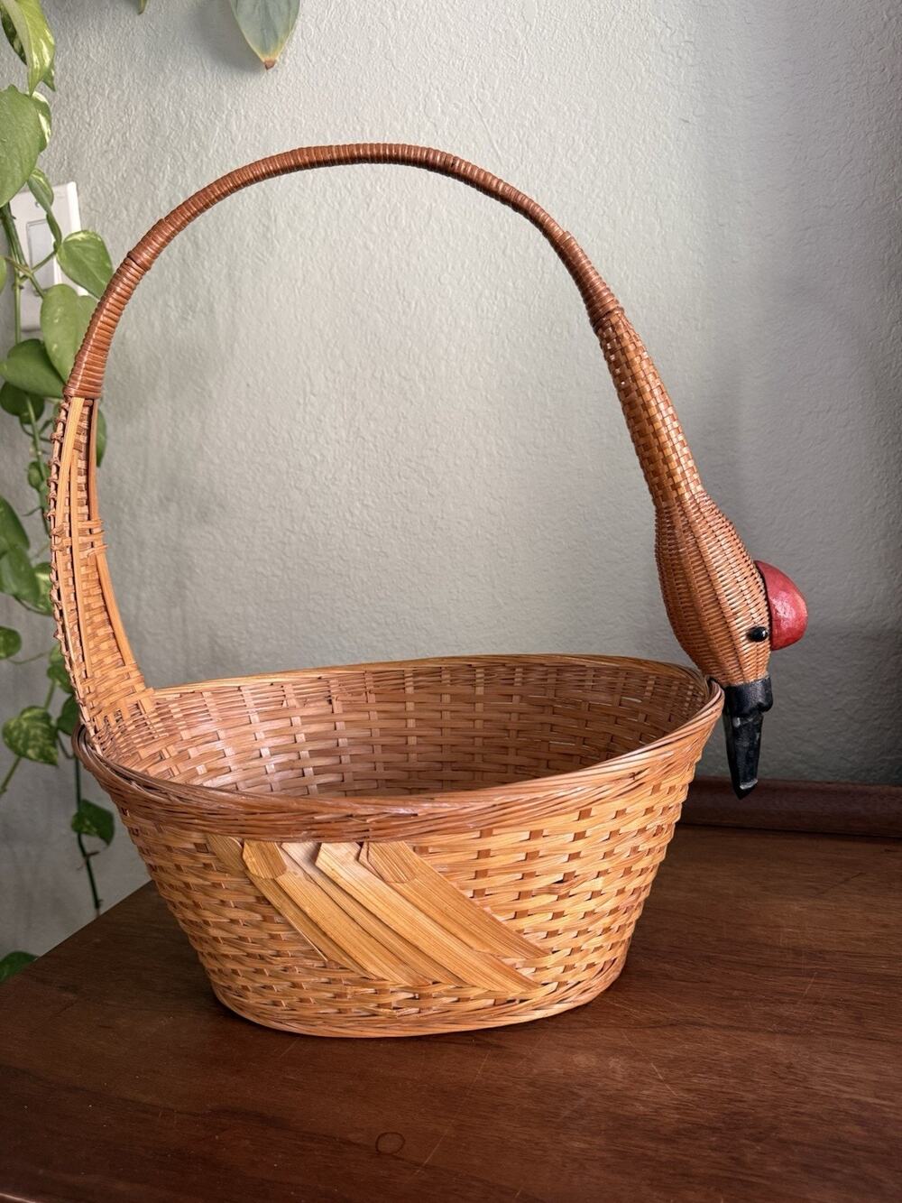 Vintage Swan Duck Basket Woven Wicker Rattan